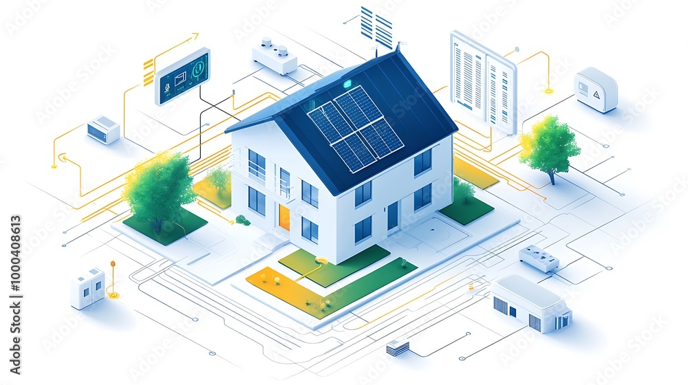 Isometric illustration of smart home with solar panels, connected devices, and energy efficiency features Isometric illustration of smart home with solar panels, connected devices, and energy efficiency features