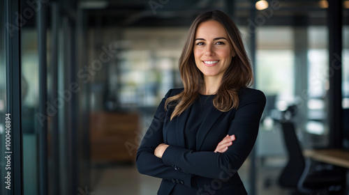 Businesswoman is smiling while standing in her company's office with her arms crossed