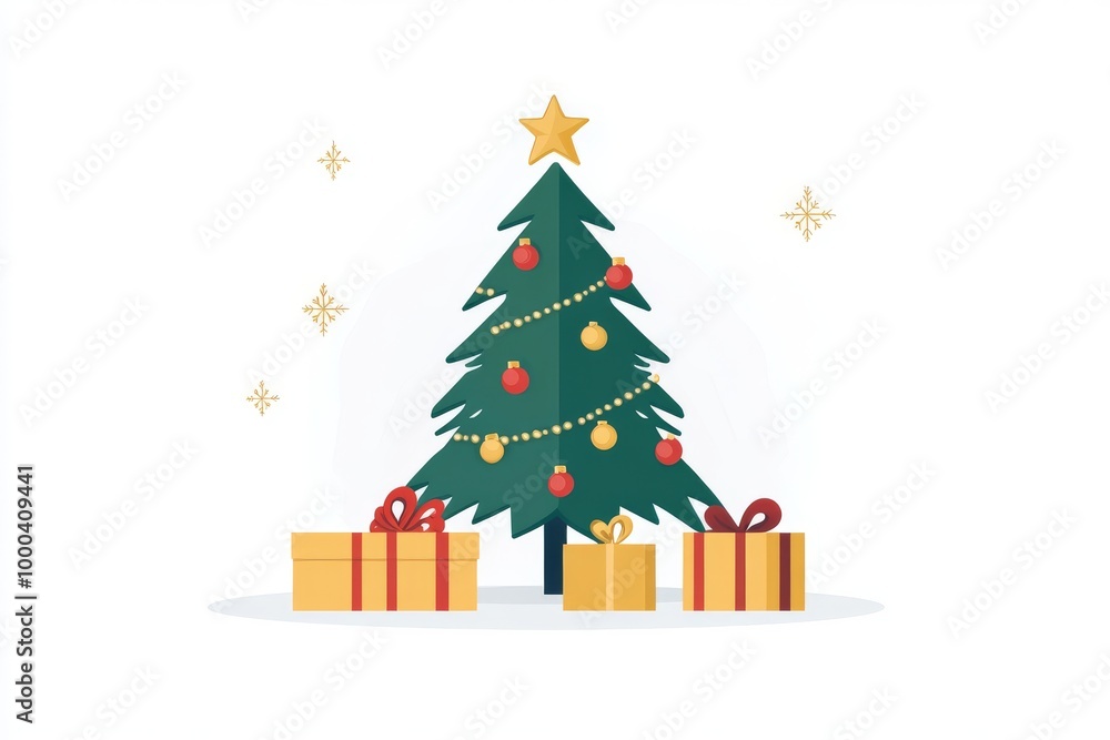 Obraz premium Christmas tree decorated with gold ornaments and gifts at the base set against a clean white background representing festive joy holiday traditions and minimalist seasonal beauty