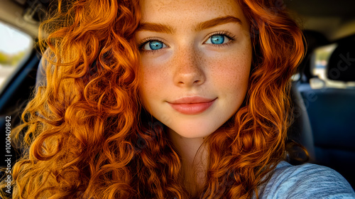 Close-up photo of a cute girl with curly red hair and blue eyes taking a selfie in the car.