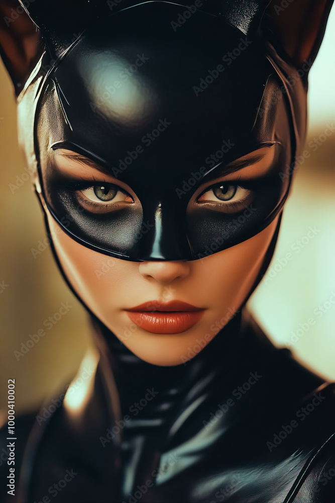 Close-up portrait of a woman in a sleek black catsuit with cat-like details, including sharp cat ears and a dark mask. Close-up portrait of a woman in a sleek black catsuit with cat-like details, including sharp cat ears and a dark mask.