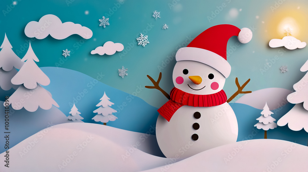 Little cute snowman in a knitted hat and scarf on snow, on a sunny winter day, designed in a paper-cut style for a Christmas card Little cute snowman in a knitted hat and scarf on snow, on a sunny winter day, designed in a paper-cut style for a Christmas card