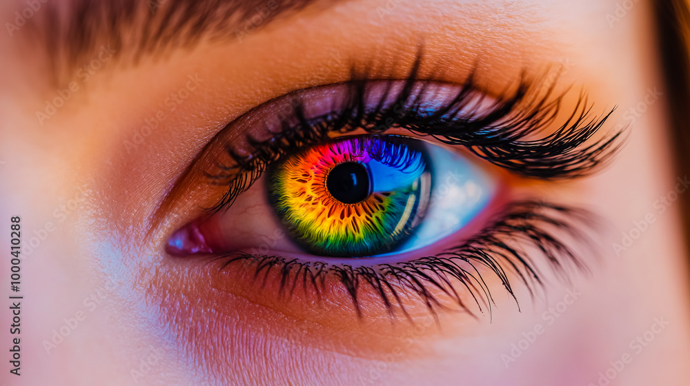 Macro close-up of a woman's eye with a rainbow-colored iris and long eyelashes. Macro close-up of a woman's eye with a rainbow-colored iris and long eyelashes.