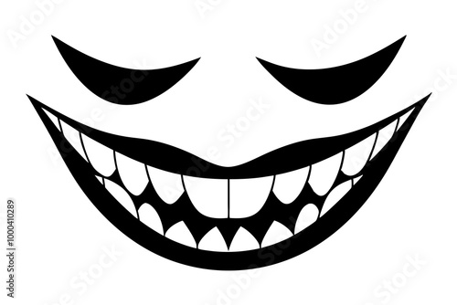 Creepy clown mouths set. Scary smile with jaws and red lips. Vector Halloween elements.
