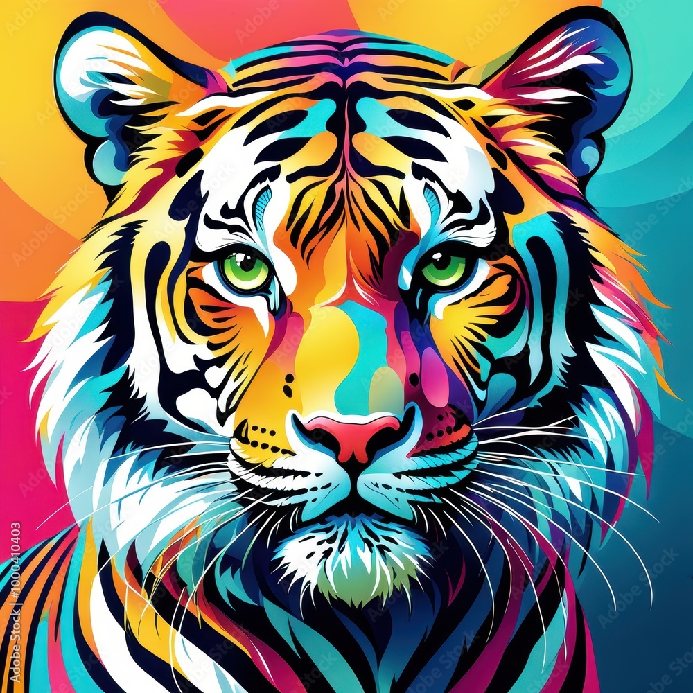 A vibrant, colorful illustration of a tiger's face, showcasing artistic expression and wildlife. A vibrant, colorful illustration of a tiger's face, showcasing artistic expression and wildlife.