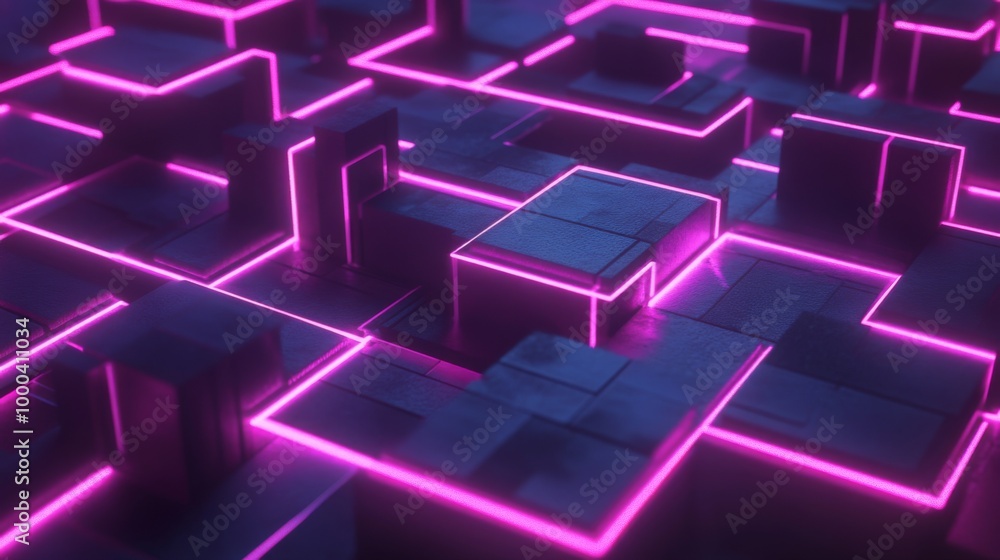 Futuristic Neon Grid with Glowing Pink and Blue Geometric Shapes in Abstract Digital Background. Futuristic Neon Grid with Glowing Pink and Blue Geometric Shapes in Abstract Digital Background.