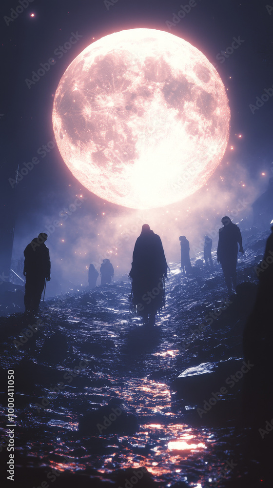 Silhouettes of figures walk under a large pink moon in a surreal landscape. Silhouettes of figures walk under a large pink moon in a surreal landscape.