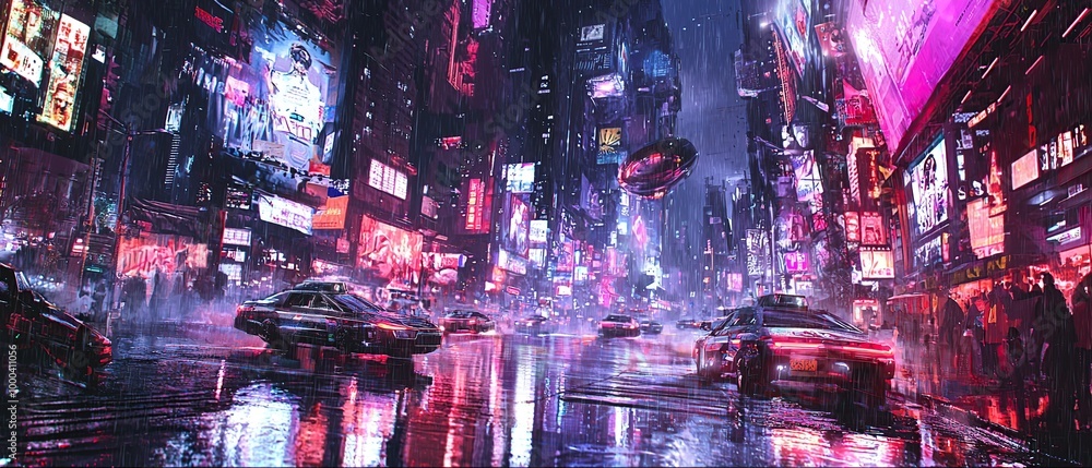 A neon-drenched cyberpunk cityscape with futuristic vehicles driving through the rain. A neon-drenched cyberpunk cityscape with futuristic vehicles driving through the rain.