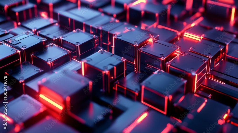 Fototapeta premium Futuristic Neon Grid with Glowing Pink and Blue Geometric Shapes in Abstract Digital Background.