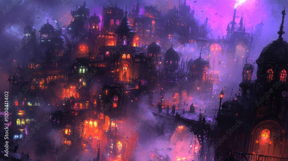 A dark, gothic cityscape at night, filled with towering buildings adorned with intricate architectural details and illuminated by a warm, glowing light. A dark, gothic cityscape at night, filled with towering buildings adorned with intricate architectural details and illuminated by a warm, glowing light.