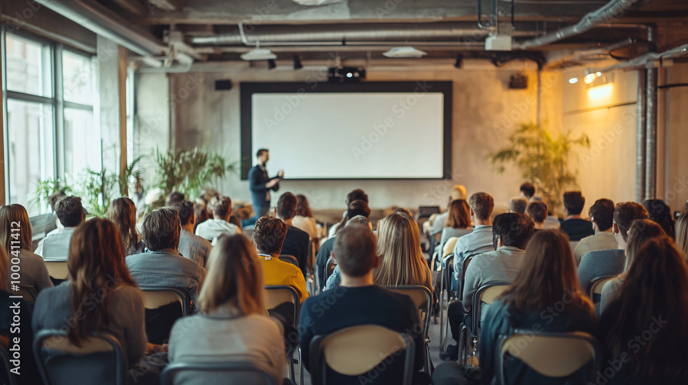 Fototapeta premium Sizable assembly of experts gathers in a lecture hall to attend a corporate seminar
