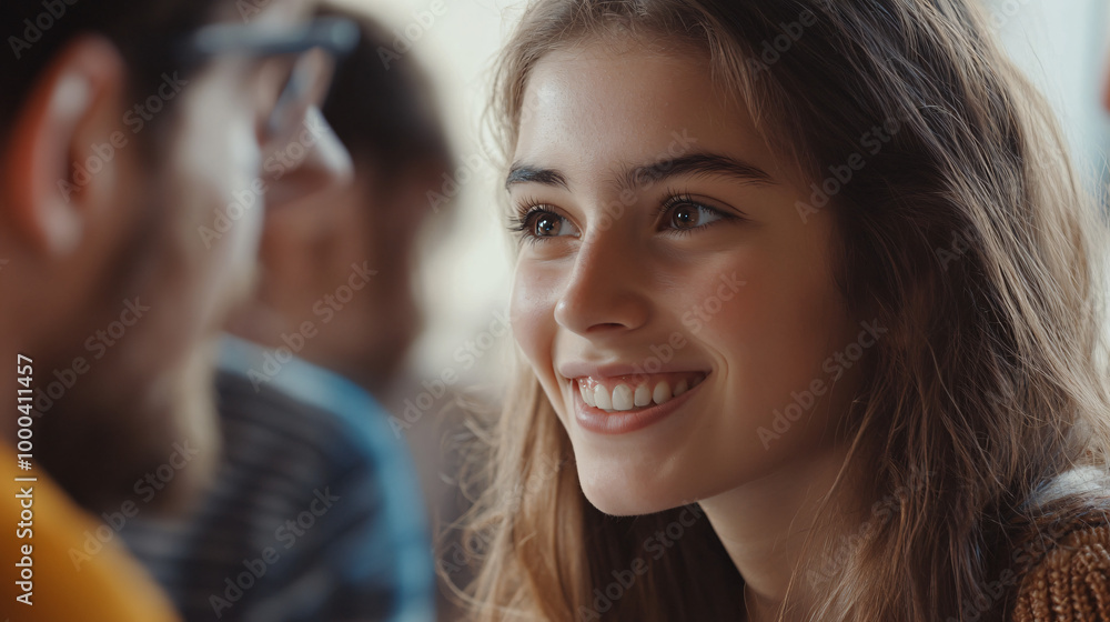 Young woman smiles at her boyfriend in a cozy cafe, sharing a happy moment of love and togetherness Young woman smiles at her boyfriend in a cozy cafe, sharing a happy moment of love and togetherness