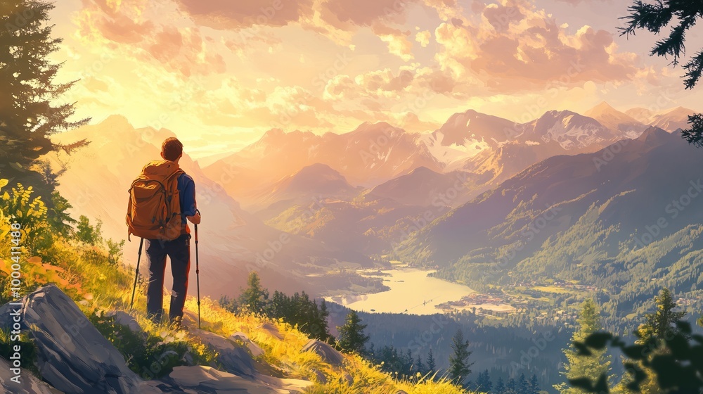 A hiker enjoying the natural scenery A hiker enjoying the natural scenery