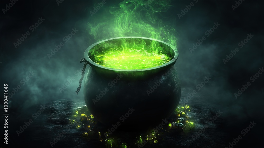 Cauldron with green glowing potion isolated on a dark foggy background Cauldron with green glowing potion isolated on a dark foggy background