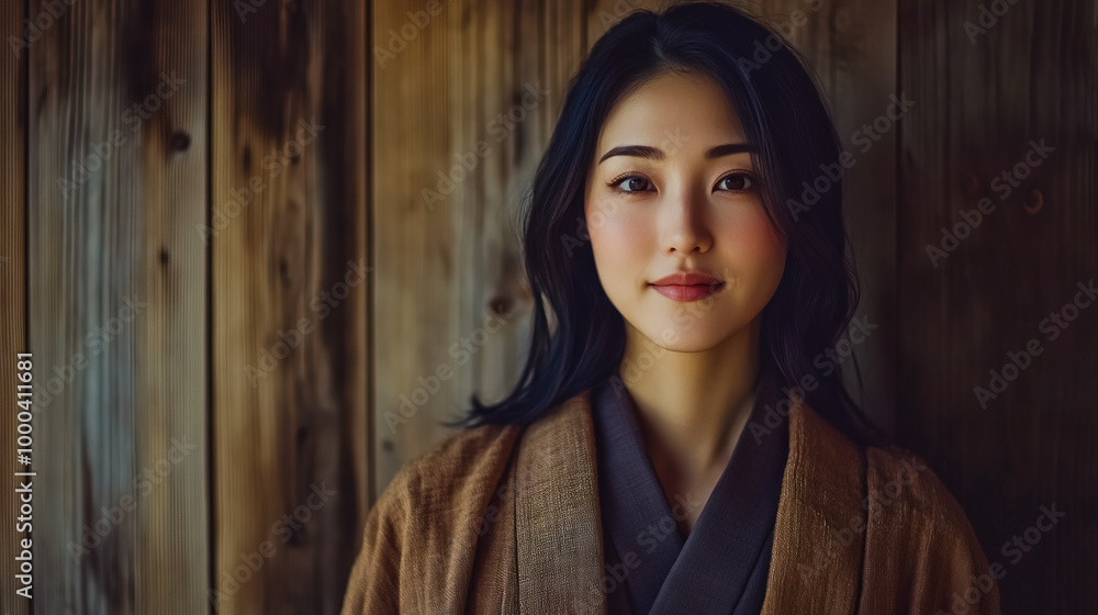 Portrait of a beautiful Japanese woman standing in front of a natural wood wall. Portrait of a beautiful Japanese woman standing in front of a natural wood wall.