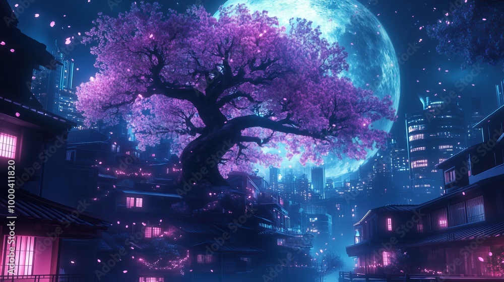 Fantasy night city Japanese landscape, neon light, residential buildings Fantasy night city Japanese landscape, neon light, residential buildings