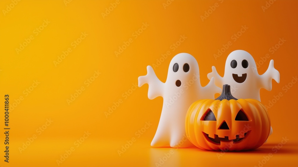 Halloween ghosts with funny pumpkin on orange background. Halloween ghosts with funny pumpkin on orange background.