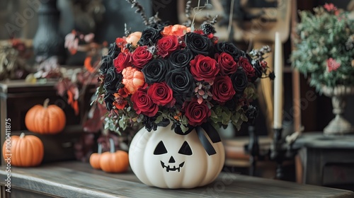 Halloween themed floral arrangement with dark roses