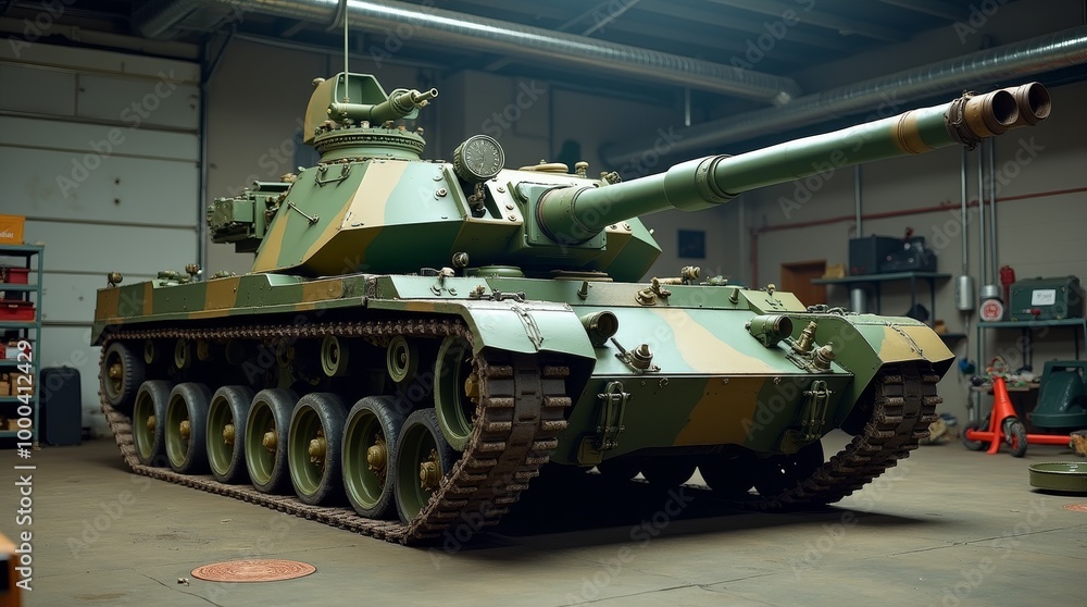 Tank model from World War II displayed in a camouflage design, showcasing its armored vehicle features, heavy cannon, and military power in a battle-ready pose Tank model from World War II displayed in a camouflage design, showcasing its armored vehicle features, heavy cannon, and military power in a battle-ready pose