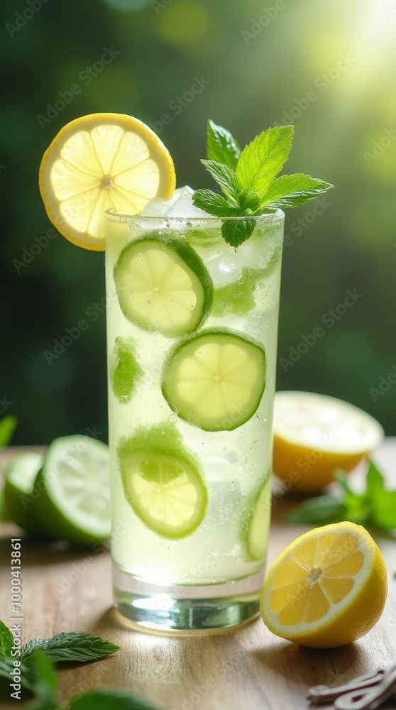 Fototapeta premium Mojito cocktail with lime and mint served in a glass, featuring ice and a refreshing green color, perfect for summer enjoymentMojito cocktail with lime and mint served in a glass, featuring ice 