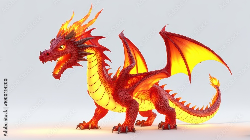 A vibrant, stylized red dragon with flames, showcasing fantasy art and character design. A vibrant, stylized red dragon with flames, showcasing fantasy art and character design.