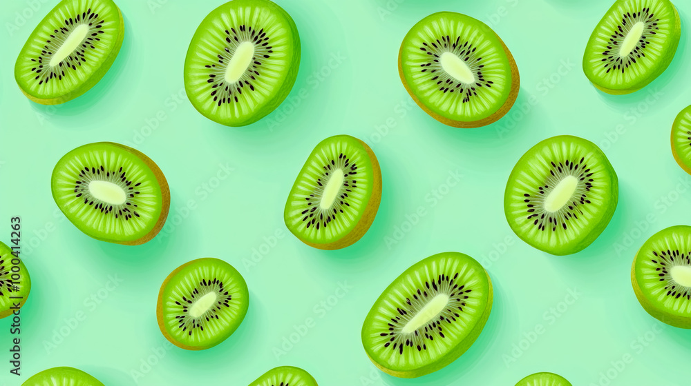 Fototapeta premium Seamless pattern featuring kiwi fruit on a pastel green background.