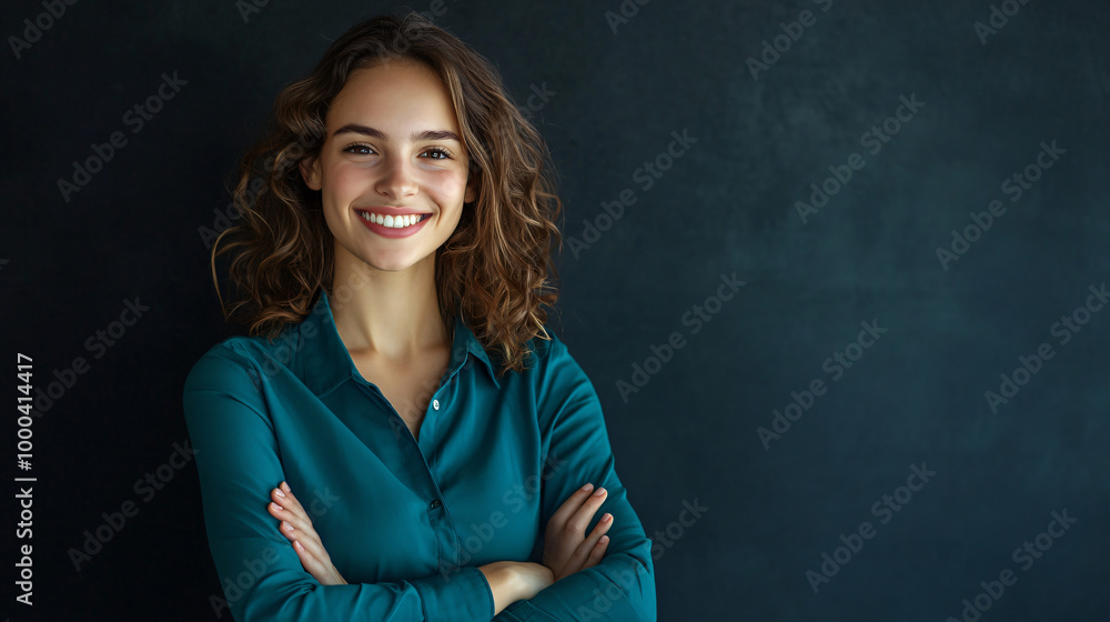 Obraz premium Confident and professional young businesswoman smiling with arms crossed in a portrait against a dark background