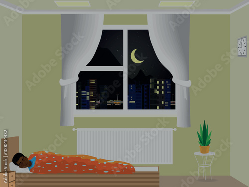 african american boy sleeping in the bedroom with a night view. 