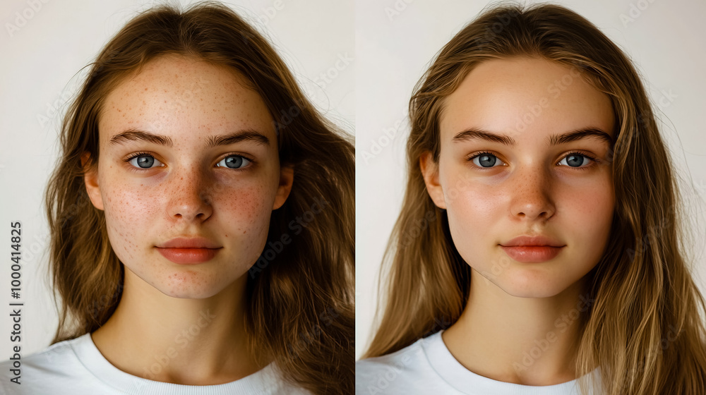 Portrait of a young woman in casual clothing, showcasing her skin before and after treatment. Portrait of a young woman in casual clothing, showcasing her skin before and after treatment.