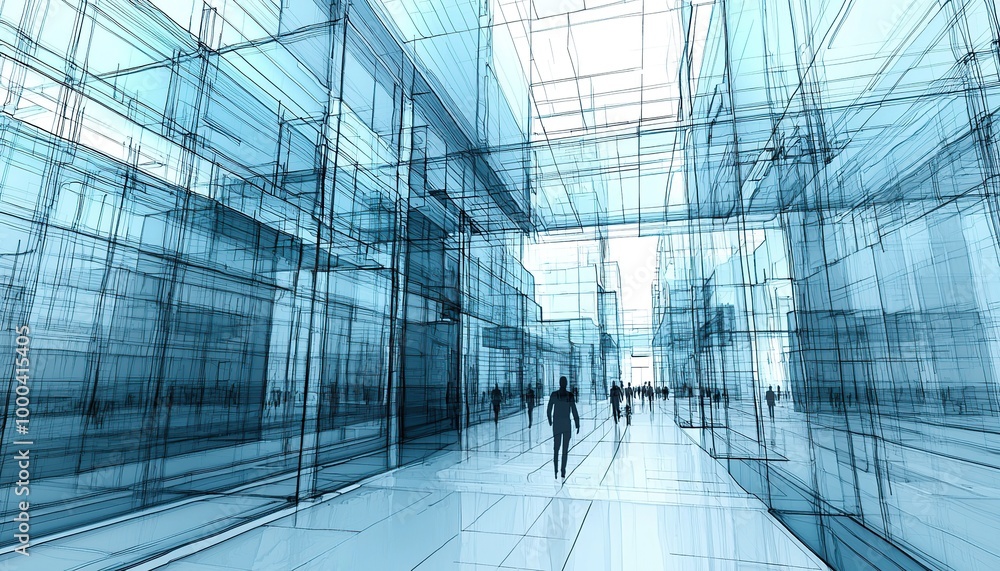 Abstract futuristic cityscape with people walking in a modern glass building. Abstract futuristic cityscape with people walking in a modern glass building.