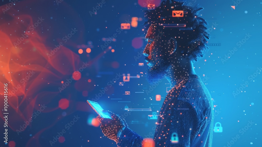 A man, illuminated by blue and red light, holds a smartphone as digital icons representing communication, security, and data float around him. This scene conveys a sense of digital immersion and