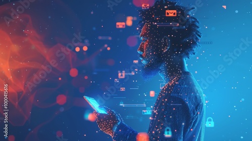Obraz na płótnie A man, illuminated by blue and red light, holds a smartphone as digital icons representing communication, security, and data float around him. This scene conveys a sense of digital immersion and w salonie