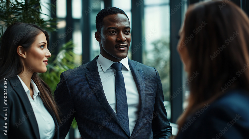 Group of business professionals having a conversation in a modern office building Group of business professionals having a conversation in a modern office building