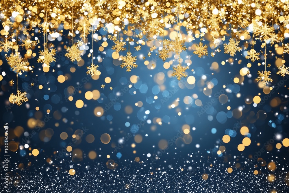 Golden confetti and glitter snowflakes falling against a blue background representing festive winter celebration elegant holiday charm and joyful seasonal decor Golden confetti and glitter snowflakes falling against a blue background representing festive winter celebration elegant holiday charm and joyful seasonal decor