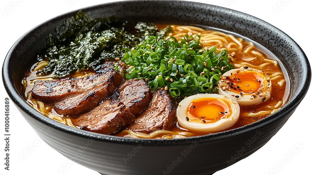 Delicious bowl of ramen with meat, egg, and vegetables. Japanese cuisine, ramen soup, noodles, food photography Delicious bowl of ramen with meat, egg, and vegetables. Japanese cuisine, ramen soup, noodles, food photography