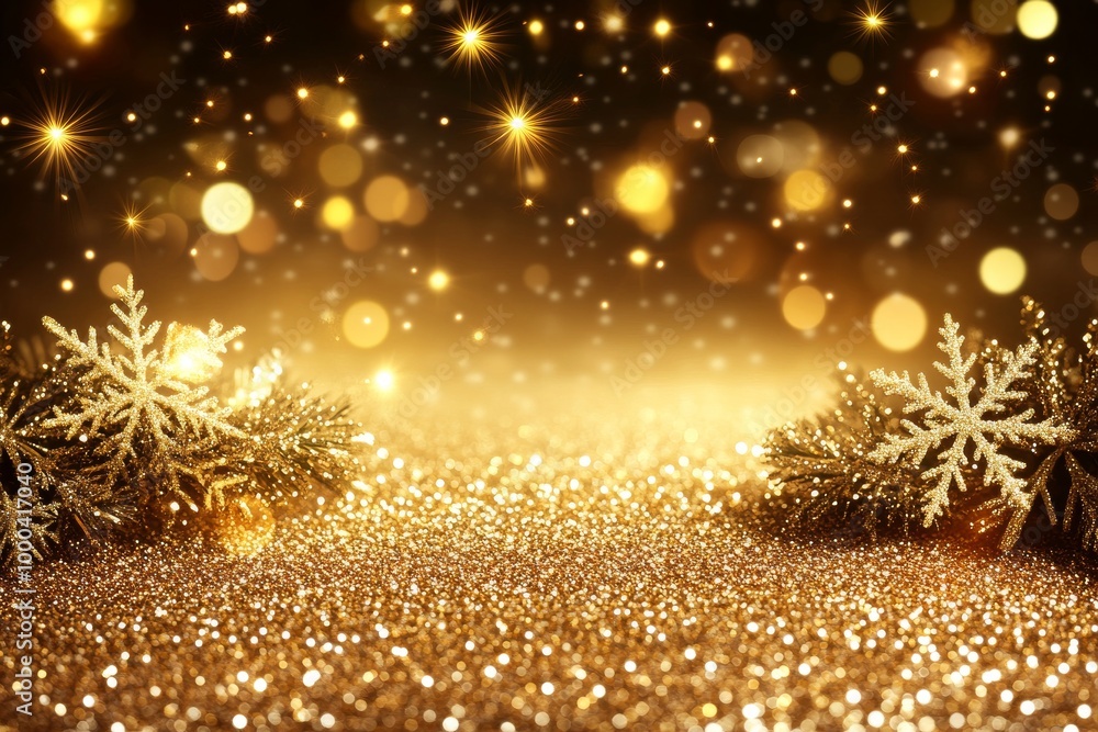 Fototapeta premium Sparkling golden snowflakes and ornaments resting on a glowing surface symbolizing festive holiday warmth elegant winter decor and peaceful seasonal celebration