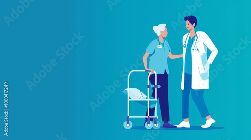 Illustration of a doctor supporting a senior patient using a walker. The doctor is shown offering comfort and care, emphasizing healthcare assistance, mobility, and the patient-doctor relationship.