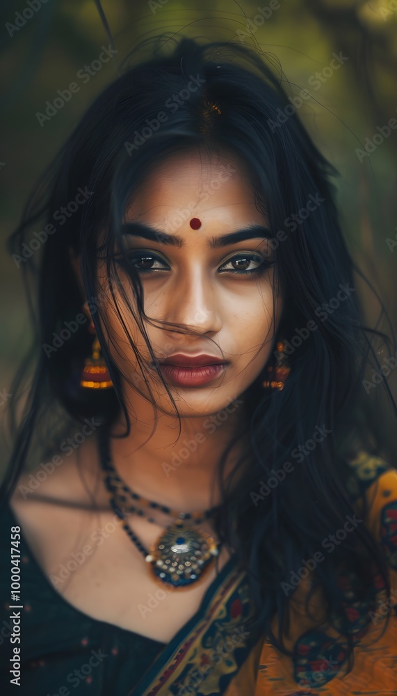 Portrait of hindu woman with black hair looking at camera Portrait of hindu woman with black hair looking at camera