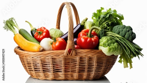 A wicker basket filled with a variety of fresh vegetables.