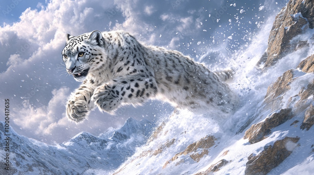 Fototapeta premium Snow Leopard Leaping Over a Snowy Mountain Slope in Winter Scene