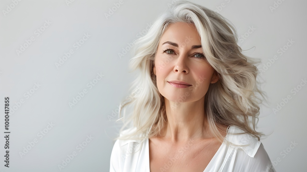 Portrait of mature beautiful woman with blonde hairstyle on white background Portrait of mature beautiful woman with blonde hairstyle on white background