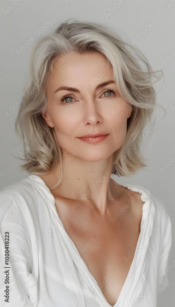 Portrait of mature beautiful woman with blonde hairstyle on white background Portrait of mature beautiful woman with blonde hairstyle on white background
