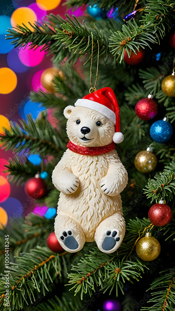 New Year's toy bear, Teddy bear in a Santa Claus hat on a Christmas tree branch. New Year card, poster. christmas holiday concept
New Year's toy bear, Teddy bear in a Santa Claus hat on a Christmas tree branch. New Year card, poster. christmas holiday concept