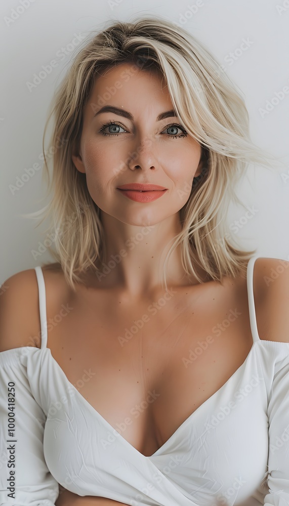Portrait of mature beautiful woman with blonde hairstyle on white background Portrait of mature beautiful woman with blonde hairstyle on white background