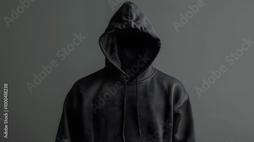 High-resolution photograph of a black hoodie back view with a hood, isolated on a neutral gray background.