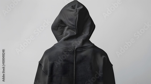 High-resolution photograph of a black hoodie back view with a hood, isolated on a neutral gray background.