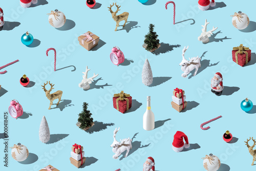 Wallpaper Mural Creative Christmas pattern made of various winter and New Year things on bright blue background. Minimal Christmas or New Year concept. Torontodigital.ca