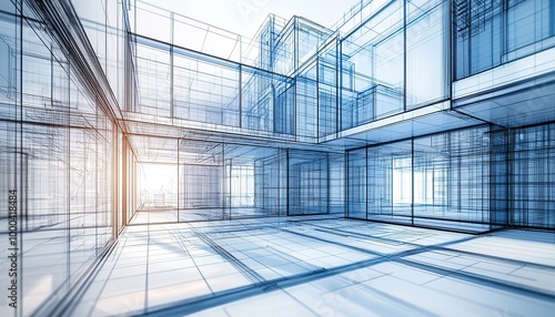 Wireframe rendering of a modern building with glass walls and a spacious interior.