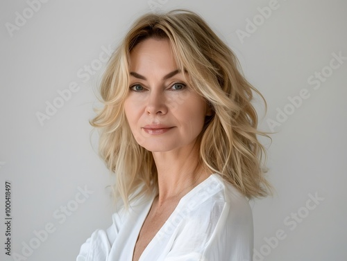 Portrait of mature beautiful woman with blonde hairstyle on white background