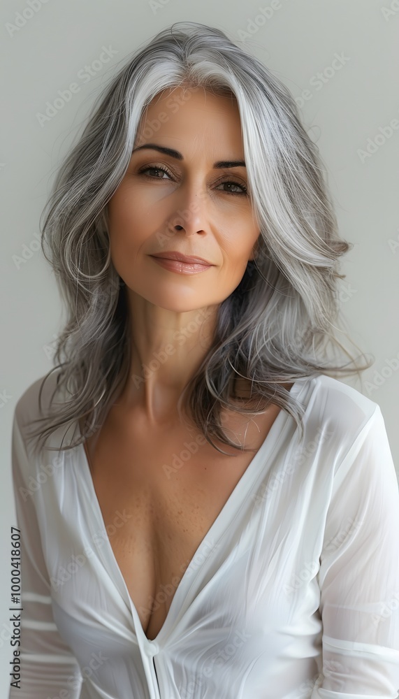 Portrait of mature beautiful woman with gray hairstyle on white background Portrait of mature beautiful woman with gray hairstyle on white background